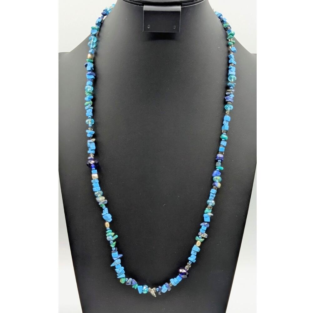 Blue Stone Chip Blue Crystal Beaded Toggle Clasp 30.5" Necklace